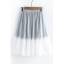 Lace Insert Elastic Waist Midi A-Line Skirt