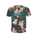3D Floral Letter Printed Round Neck Short Sleeve Tee