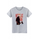 Letter Cat Head Character Printed Round Neck Short Sleeve Tee