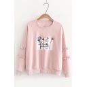 Long Sleeve Floral Letter Printed Round Neck Pullover Sweatshirt