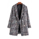Notched Lapel Collar Long Sleeve Double Breasted Plaid Printed Tunic Coat