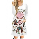 Dreamcather Butterfly Printed Round Neck Long Sleeve Midi A-Line Dress
