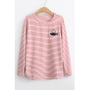 Cat Fish Embroidered Round Neck Long Sleeve Striped Tee