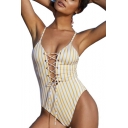 Striped Printed Lace Up Spaghetti Straps Sleeveless One Piece Swimwear
