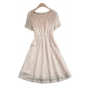 Elegant Round Neck Short Sleeve Elastic Waist Midi A-Line Lace Dress