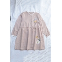 Butterfly Floral Embroidered Plaid Printed Round Neck Long Sleeve Button Front Mini Smock Dress