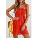 Plain Tied Spaghetti Straps Sleeveless Buttons Down Mini Cami Dress