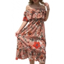 Floral Printed Off The Shoulder Short Sleeve Ruffle Hem Maxi A-Line Dress