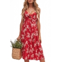 Hollow Out Knotted Front Floral Printed Spaghetti Straps Sleeveless Midi A-Line Dress