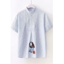 Cartoon Character Embroidered Stand Up Collar Short Sleeve Striped Printed Button Placket Shirt