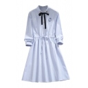 Button Down Lapel Collar Rabbit Embroidered Striped Printed Long Sleeve Midi A-Line Dress