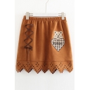 Elastic Waist Bear Embroidered Hollow Out Hem Mini Suede Skirt