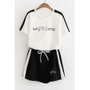 Color Block Letter Printed Round Neck Short Sleeve Tee with Drawstring Waist Loose Shorts