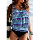 Fashionable Floral Printed Round Neck Sleeveless Two Pieces Swimwear