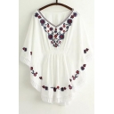 Folk Style Floral Embroidered V Neck Loose Batwing Half Sleeve Tunic Blouse