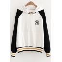 OCTOPUS Letter Embroidered Color Block Long Sleeve Striped Printed Hem Loose Hoodie