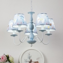 Sky Blue Tapered Suspended Light with Cartoon Horse Design Fabric 5 Bulbs Chandelier Lamp for Boys Girls Room