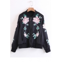 Stand Up Collar Floral Embroidered Long Sleeve Zip Up Baseball Jacket