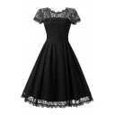 Round Neck Short Sleeve Buttons Embellished Midi A-Line Lace Dress