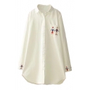 Cartoon Character Embroidered Lapel Collar Long Sleeve Button Down Tunic Shirt