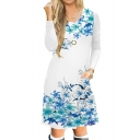 Trendy Round Neck Floral Printed Long Sleeve Midi A-Line Dress