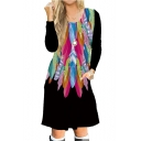 Chic Feather Printed Round Neck Long Sleeve Midi A-Line Dress