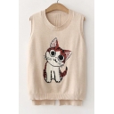 Lovely Cat Jacquard Round Neck Sleeveless Vest Sweater