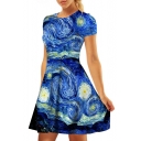3D Painting Printed Round Neck Short Sleeve Mini A-Line Dress