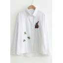 Rabbit Leaf Embroidered Striped Printed Lapel Collar Long Sleeve Button Down Shirt