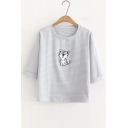 Striped Printed Lovely Cat Embroidered Round Neck Short Sleeve Tee