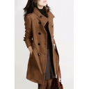 Double Breasted Stand Up Collar Long Sleeve Plain Tunic Woolen Coat