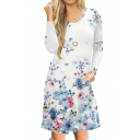 Fashion Floral Butterfly Printed Round Neck Long Sleeve Midi A-Line Dress