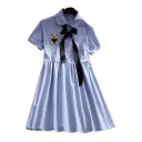 Lovely Bear Embroidered Applique Lapel Collar Striped Printed Short Sleeve Midi A-Line Dress