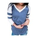 V Neck Contrast Striped Long Sleeve Color Block Leisure Tee