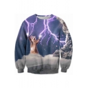 3D Round Neck Lightning Cat Printed Long Sleeve Sweatshirt