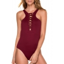 Lace Up Front Round Neck Sleeveless Plain One Piece Hollow Out Back Swimwear