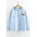 FAITH Letter Animal Embroidered Button Down Long Sleeve Hooded Coat
