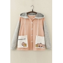 Cartoon Chinese Embroidered Color Block Long Sleeve Button Down Hooded Coat