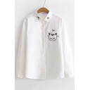 Cat Leaf Embroidered Pocket Lapel Collar Long Sleeve Button Down Leisure Shirt