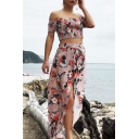 Elastic Floral Printed Off The Shoulder Crop Top with Split Front High Waist Maxi Asymmetric Skirt Co-ords