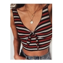 Chic Striped Printed Knotted Front V Neck Sleeveless Crop Tank