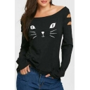 Cat Printed Cut Out Detail Boat Neck Long Sleeve Leisure Tee