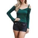 Off The Shoulder Plain Ribbed Long Sleeve Crop Sweater
