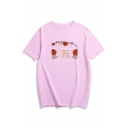 Letter Rose Printed Round Neck Short Sleeve Tee