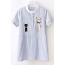 Cat Embroidered Stand Up Collar Striped Printed Short Sleeve Blouse