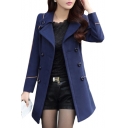 Notched Lapel Collar Double Breasted Long Sleeve Contrast Piping Tunic Woolen Coat