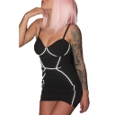 Contrast Stitching Spaghetti Straps Sleeveless Mini Bodycon Dress