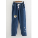 CAT Letter Animal Embroidered Drawstring Waist Straight Jeans