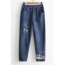 Animal Letter Embroidered Elastic Waist Straight Jeans