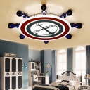 Acrylic Ship Wheel Flush Ceiling Light Boys Room Flush Mount LED Light in Navy Blue